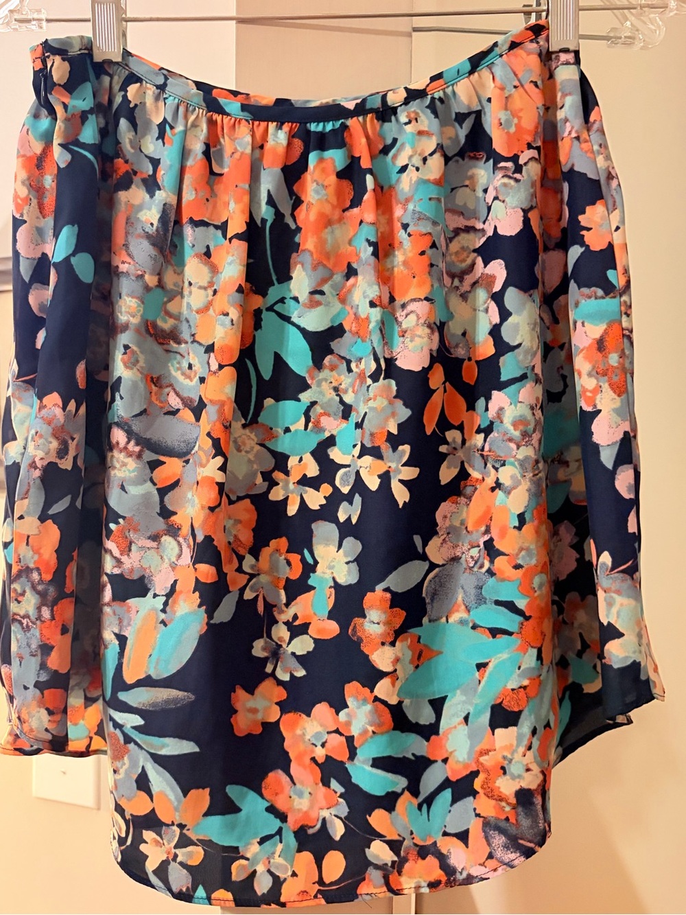 LC Lauren Conrad Navy Floral Blouse with Coral & Teal Accents